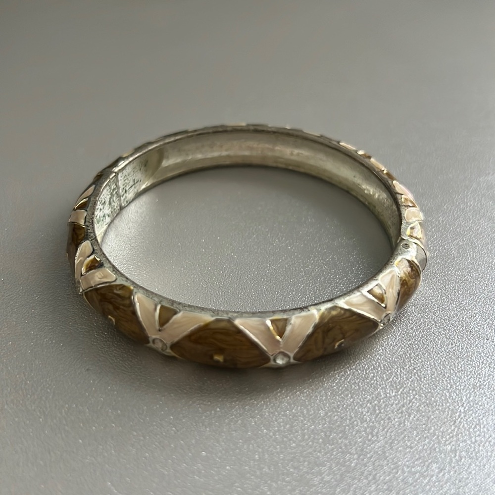 Brown Silver Chunky Bangle Bracelet Hand Painted Rhinestone